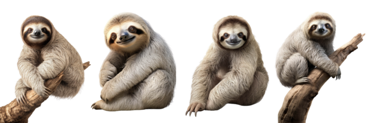A charming group of sloths resting on tree branches, showcasing their adorable, slow-paced lifestyle against a white isolate background.