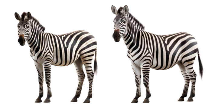 A pair of zebras standing side by side, showcasing their distinctive black and white stripes against a white isolated background.