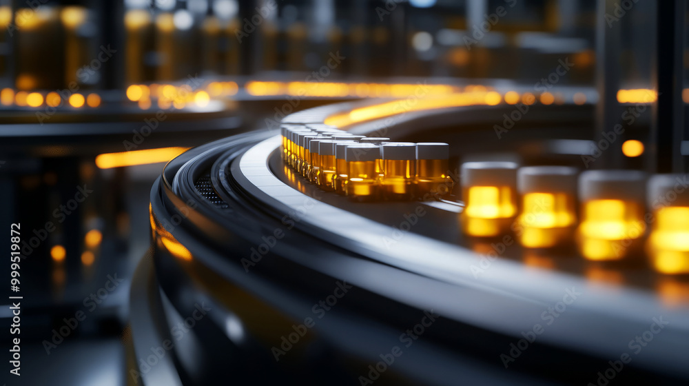 Aufkleber a close-up view of illuminated bottles on a conveyor belt in a modern industrial setting, emphasizin