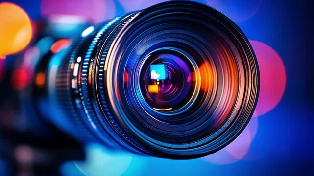 Close-up camera lens,Photo Camera or Video lens close-up on various colored background, objective, concept of photographer camera, neon colors bokeh 4k video