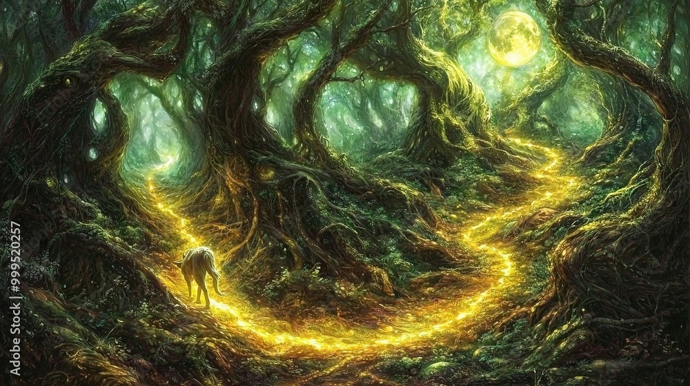 Poster a path in a forest with a horse at its center, surrounded by towering trees