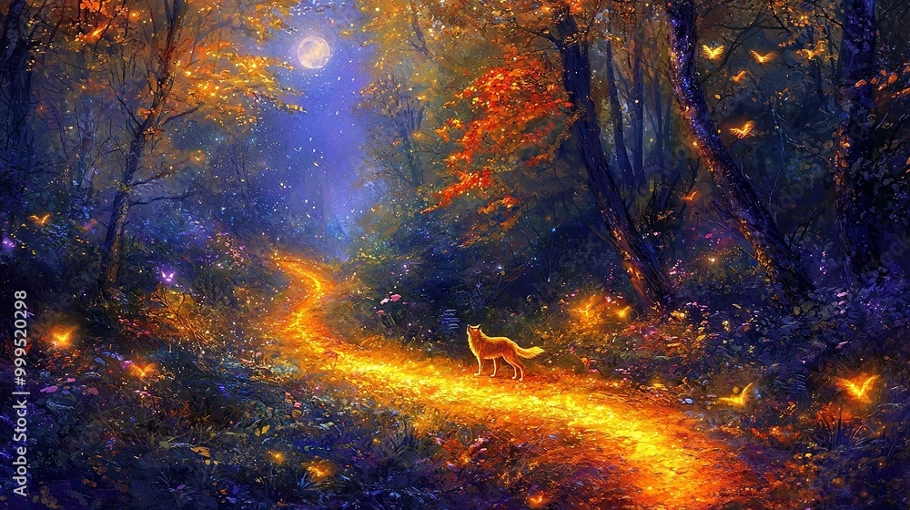 Poster a path through a forest with fireflies and a fox