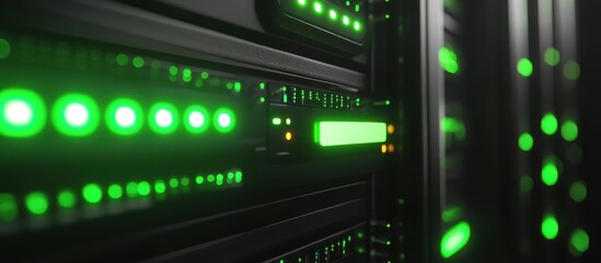Fototapeta premium Close-Up of Modern Data Center Server Rack with Green LED Lights Indicating Active Network Connections