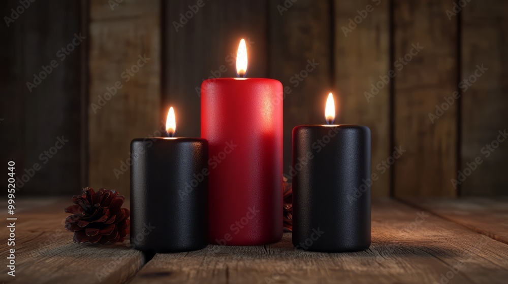 Poster a serene display of three candles—two black and one red—glowing softly against a rustic wooden backd