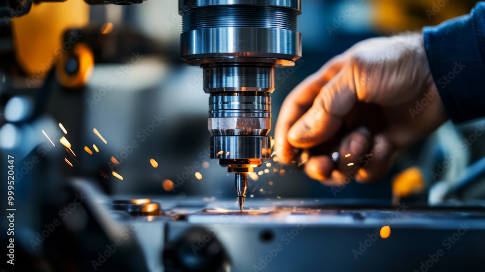 Aufkleber a worker operates a precision drill, creating sparks as they engage in a detailed machining process 