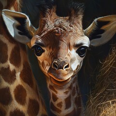   A close-up of a giraffe's face with a baby giraffe standing beside it