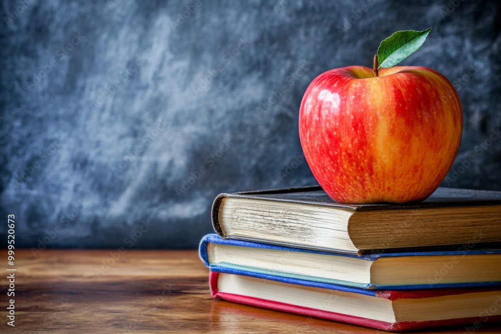 Poster red apple on stack of books in front of a chalkboard