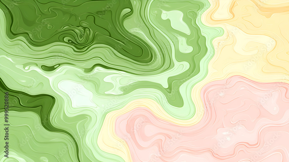 Poster soft abstract swirl of green, yellow, and pink hues creating a calming background with fluid pattern