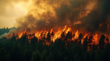 A massive wildfire consuming a dense forest, with towering flames and thick smoke rising into the sky