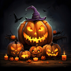 A spooky jack-o-lantern with a carved face sits in a garden