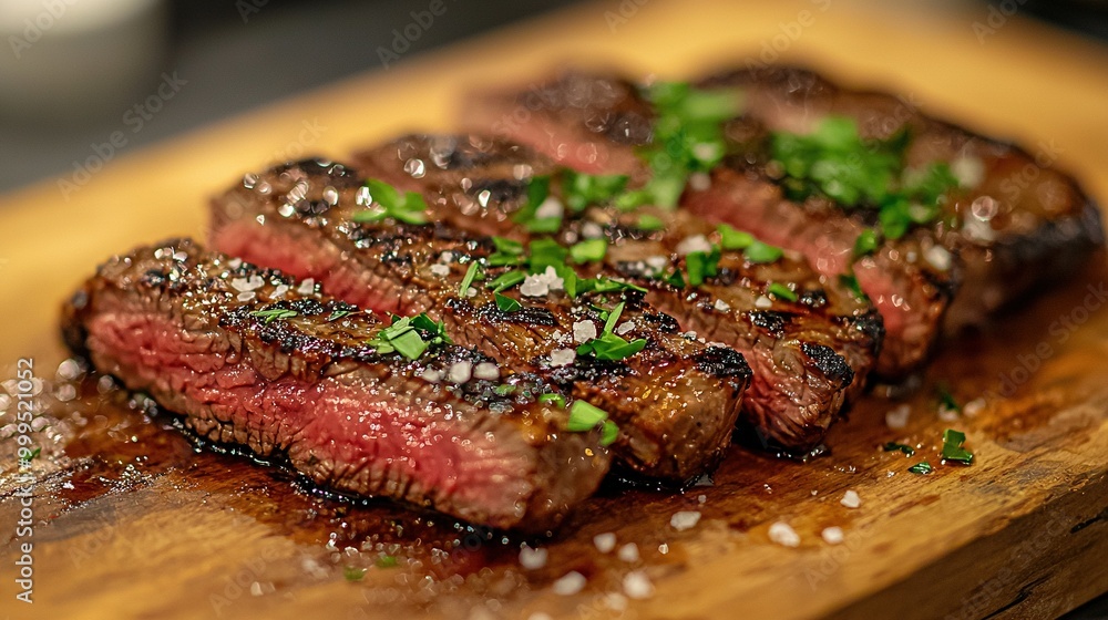 Sticker   Steak up-close on cutting board with seasoning