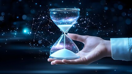 4 Businessmans hand holding an hourglass with galaxies swirling inside instead of sand theme cosmic decisionmaking, side view,