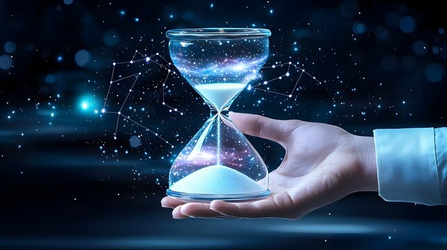 4 Businessmans hand holding an hourglass with galaxies swirling inside instead of sand theme cosmic decisionmaking, side view,