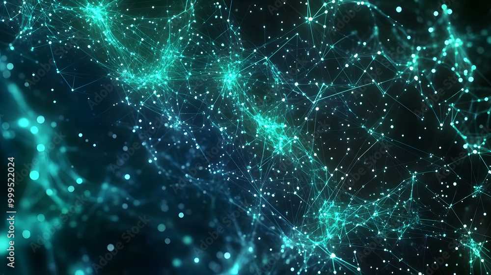 Aufkleber abstract blue green technology background with a cyber network grid and connected particles. artific