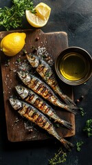 Grilled Sardines on Wooden Board with Lemons and Olive Oil on Dark Background