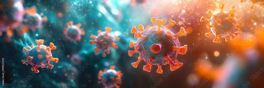 Poster vivid virus assault on cells, dynamic interaction of viruses and cells, intricate details highlighte