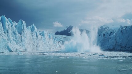 Majestic Glacier Calving into Icy Waters with Snow-Capped Mountains in the Background