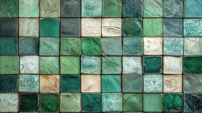 A mosaic of geometric tiles in various shades of green and blue, creating a Mediterranean vibe - Powered by Adobe