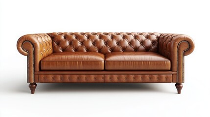 A stylish leather Chesterfield sofa with deep button-tufted upholstery and rolled arms, isolated on a white background 