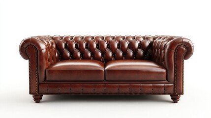 A stylish leather Chesterfield sofa with deep button-tufted upholstery and rolled arms, isolated on a white background 