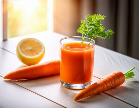 Zumo de zanahoria y limon en un vaso de cristal sobre una mesa de madera