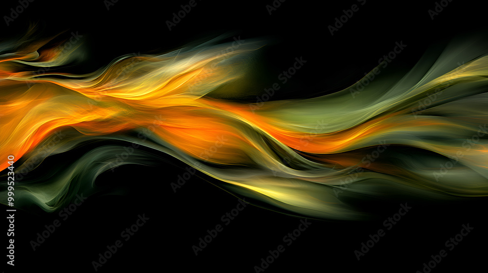 Poster abstract swirling flames in vibrant orange and green colors against a black background creating a dy