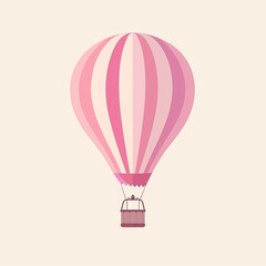 Fototapeta premium Pink and white striped hot air balloon illustration on beige background, depicting travel or adventure concept