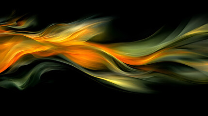 Fototapeta premium Abstract swirling flames in vibrant orange and green colors against a black background creating a dynamic visual impression