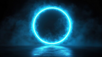 Fototapeta premium Round neon light blue glow smooth. Laser glow frame with smoke effect. Bright led border in the shape of a ring on a black background. Electric futuristic portal template for design