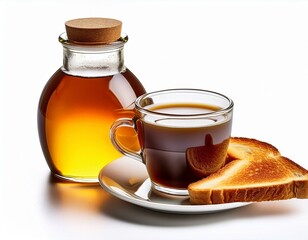 Desayuno con caf&eacute;, tostada aceite y miel aislado en fondo blanco