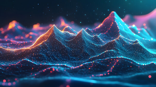 Abstract digital mountains range landscape with glowing light dots against a technology blue background. Futuristic low poly wireframe illustration conveying data mining and management concept.
