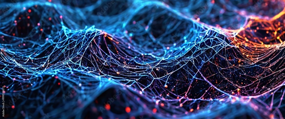 Poster abstract digital waves resembling a neural network, glowing with blue and orange light. the intricat