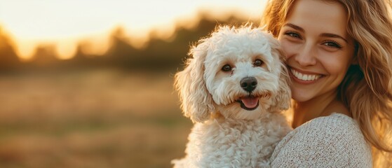 A joyful woman smiles brightly while holding her adorable dog during sunset in a beautiful outdoor setting.