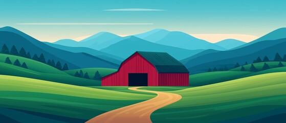 A serene landscape featuring a vibrant red barn surrounded by lush green hills and distant mountains under a clear blue sky.