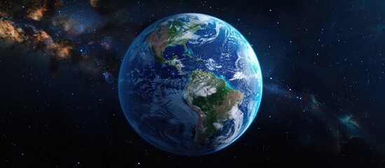 Obraz premium View of Earth from space showing the entire planet with blue oceans, green landmasses, and swirling white clouds