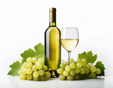 Botella y copa de vino blanco con racimos de uvas sobre fondo blanco