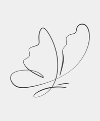 Simple black and white minimalist line art of a butterfly, featuring clean, flowing lines to represent elegance and freedom.