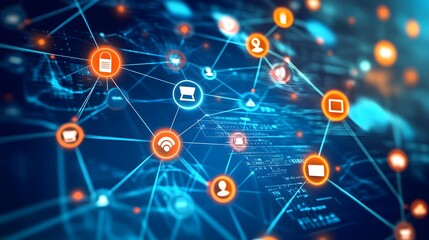 Business connection and social network on blue background. 