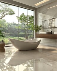 Fototapeta premium Modern bathroom with a freestanding bathtub near a large window with a view of a lush garden.