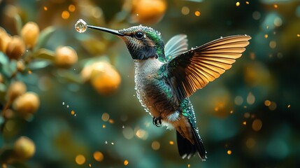 Naklejka premium Flying bird with water droplet on its beak, against orange tree backdrop