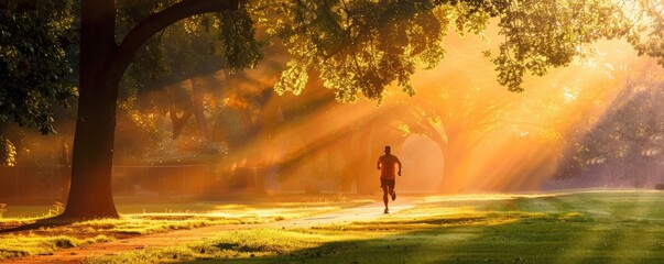 Serene late day scene of a man running alone on a path in an urban park with warm sunset light.