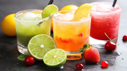 Fototapeta premium Fresh cold drinks ice cream orange lime lemon strawberry cherry kiwi drop fall
