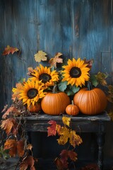 Autumn Harvest with Pumpkins and Sunflowers Display