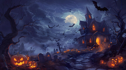 Halloween night scene featuring a glowing pumpkin against a dark sky illuminated by a full moon