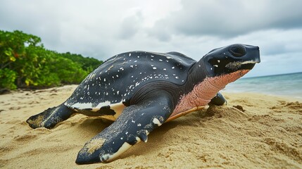 Obraz premium Adult female Leatherback sea turtle (Dermochelys coriacea) on a sandy beach on an island in the Caribbean. Heading back to sea after laying her eggs.