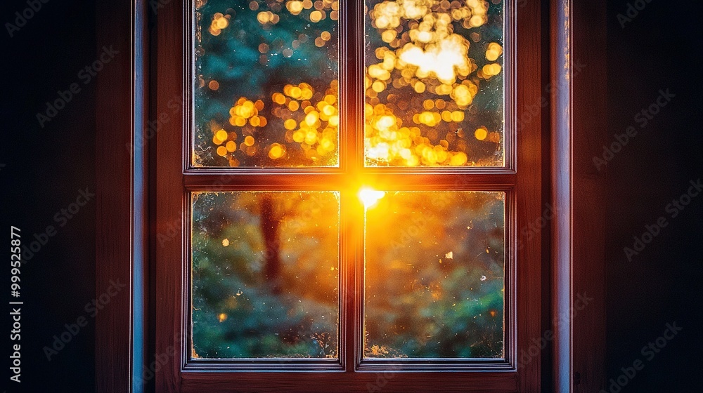 Poster a window with sunlight streaming in and a hazy tree outside
