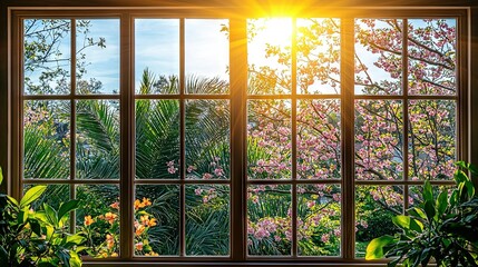 Fototapeta premium Sunlight streams through the window, casting a view of verdant foliage and blooming flora onto the foreground while a cerulean backdrop beckons