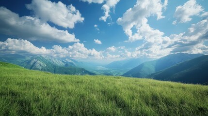 Fototapeta premium Stunning Mountain Landscape with Lush Green Grass and Blue Sky Filled with Fluffy White Clouds