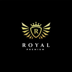 Royal Shield Vector with initial R in luxury gold color flat template logo design style