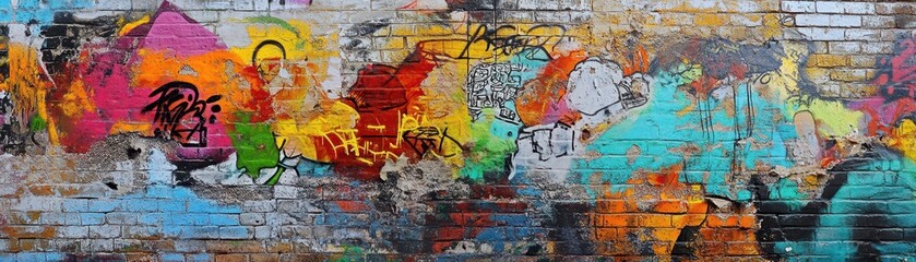 Fototapeta premium Colorful Urban Street Art on a Brick Wall with Graffiti and Abstract Paintings